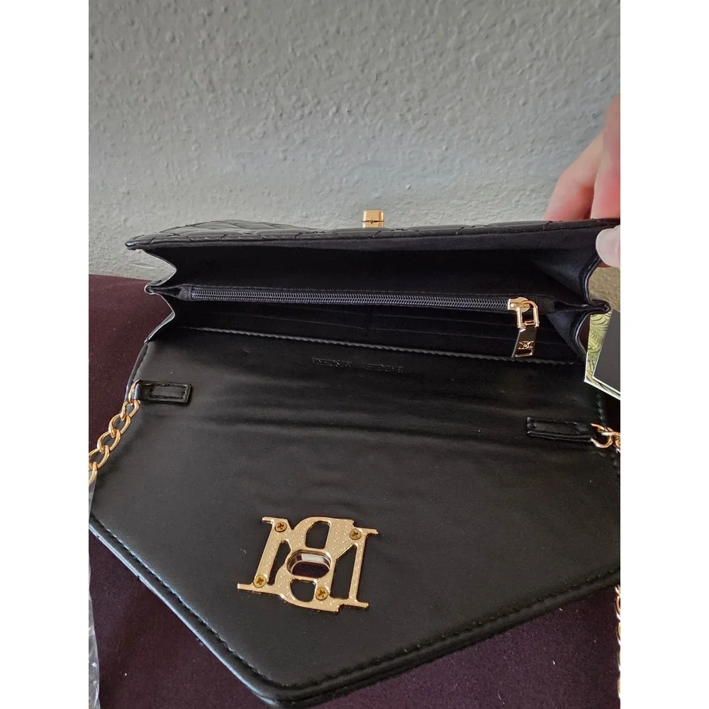 Badgley Mischka Black Quilted Studded Crossbody Bag Gold Chain BM-4191 NEW